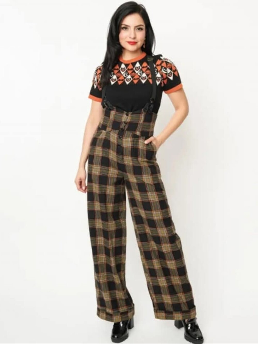 Unique Vintage Fall Halloween Plaid Suspender Wide-Leg High Waisted Jumpsuit